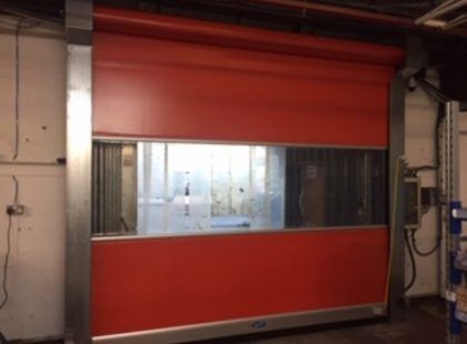 a red High Speed PVC Door